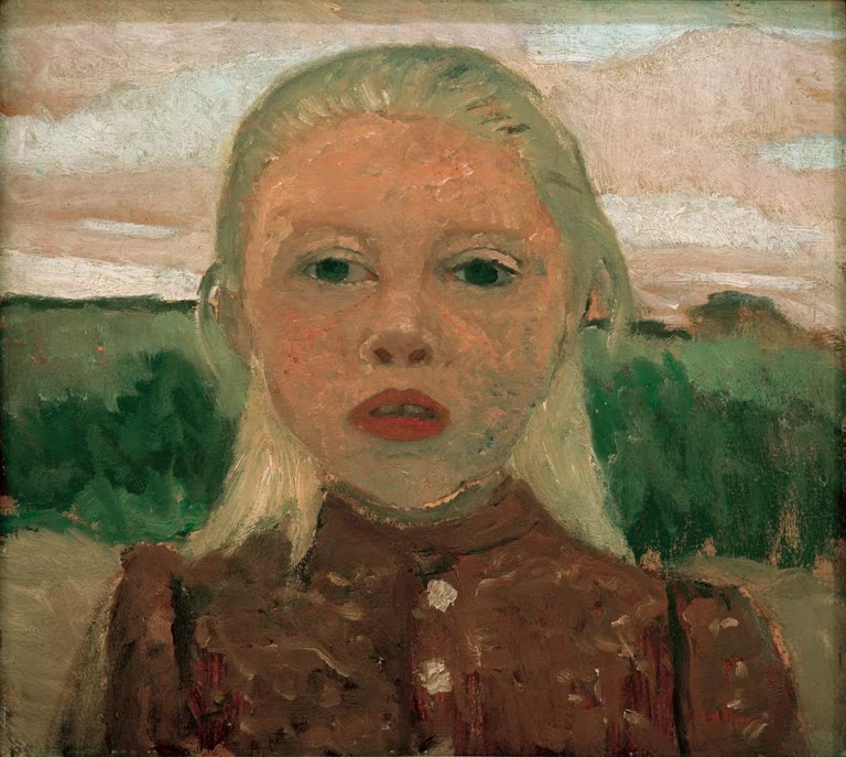 Kunstdruck von Mädchenkopf vor Landschaft von Paula Modersohn-Becker. In Deutschland handgefertigt, als Poster oder Leinwand erhältlich und auf Wunsch gerahmt.