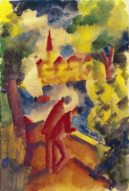 Kunstdruck des Gemäldes „Männer auf der Straße am See“ von August Macke. Hochwertig in Deutschland von Hand gefertigt, erhältlich als Leinwand oder Poster und optional gerahmt.