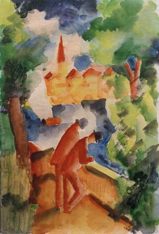 Kunstdruck des Gemäldes „Männer auf der Terrasse am See“ von August Macke. Hochwertig in Deutschland von Hand gefertigt, erhältlich als Poster oder Leinwand und optional gerahmt.