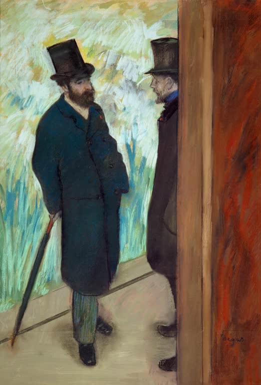 Kunstdruck des Gemäldes „Männer in den Kulissen“ von Edgar Degas mit einer Szene hinter der Bühne. Hochwertig in Deutschland per Hand gefertigt, erhältlich als Poster oder Leinwand.