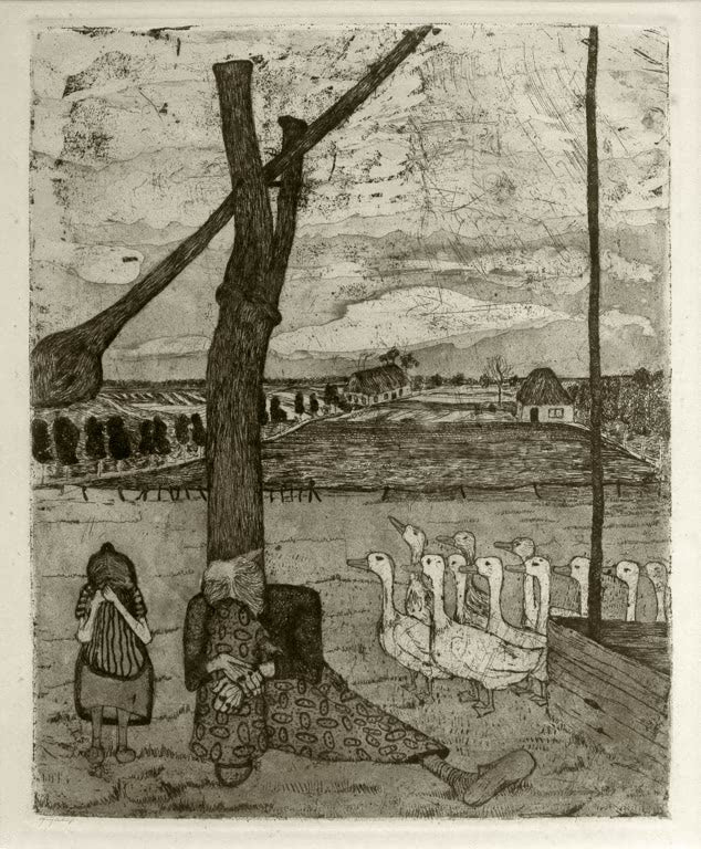 Kunstdruck „Märchen von der verlorenen Gans“ von Paula Modersohn-Becker mit erzählerischer, ländlicher Bildstimmung