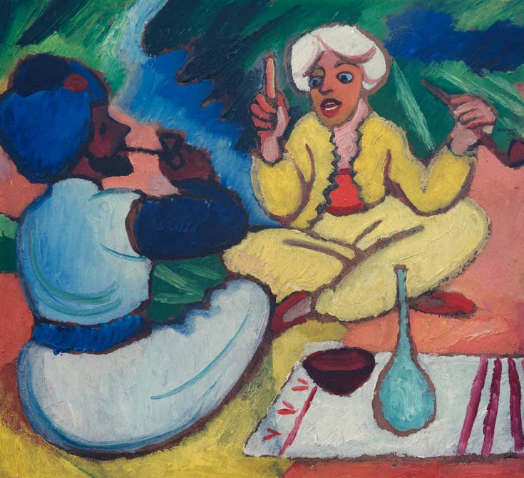 Kunstdruck des Gemäldes „Märchenerzähler“ von August Macke. Hochwertig in Deutschland von Hand gefertigt, erhältlich als Leinwand oder Poster und optional gerahmt.