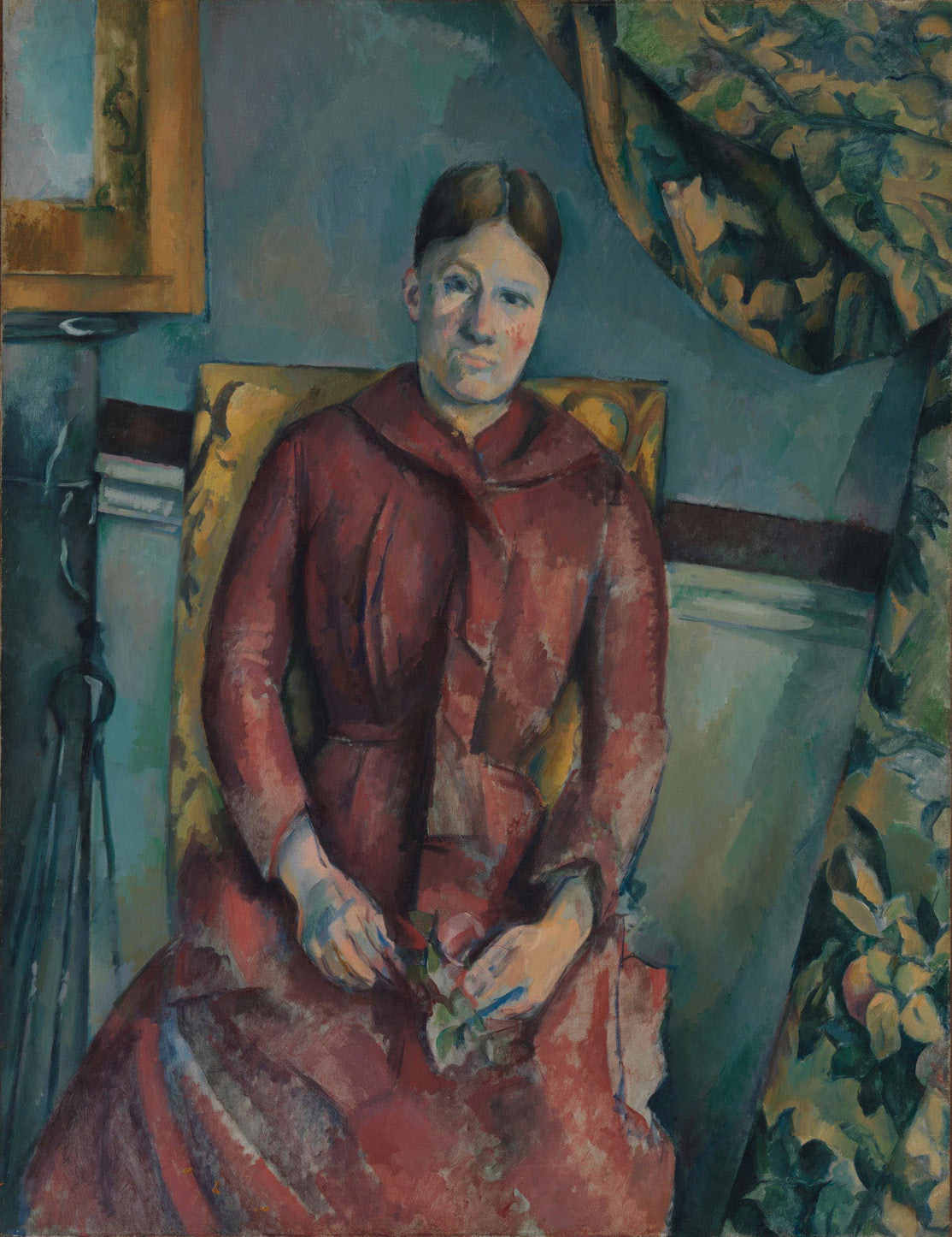 „Madame Cézanne Hortense Fiquet, 1850-1922 in einem roten Kleid“ zeigt Hortense Fiquet, Paul Cézannes Ehefrau, in einem leuchtend roten Kleid. Die sanften Farbtöne im Hintergrund und das kräftige Rot des Kleides erzeugen einen faszinierenden Kontrast. Das Porträt spiegelt Cézannes Meisterschaft in Farbe und Form wider.