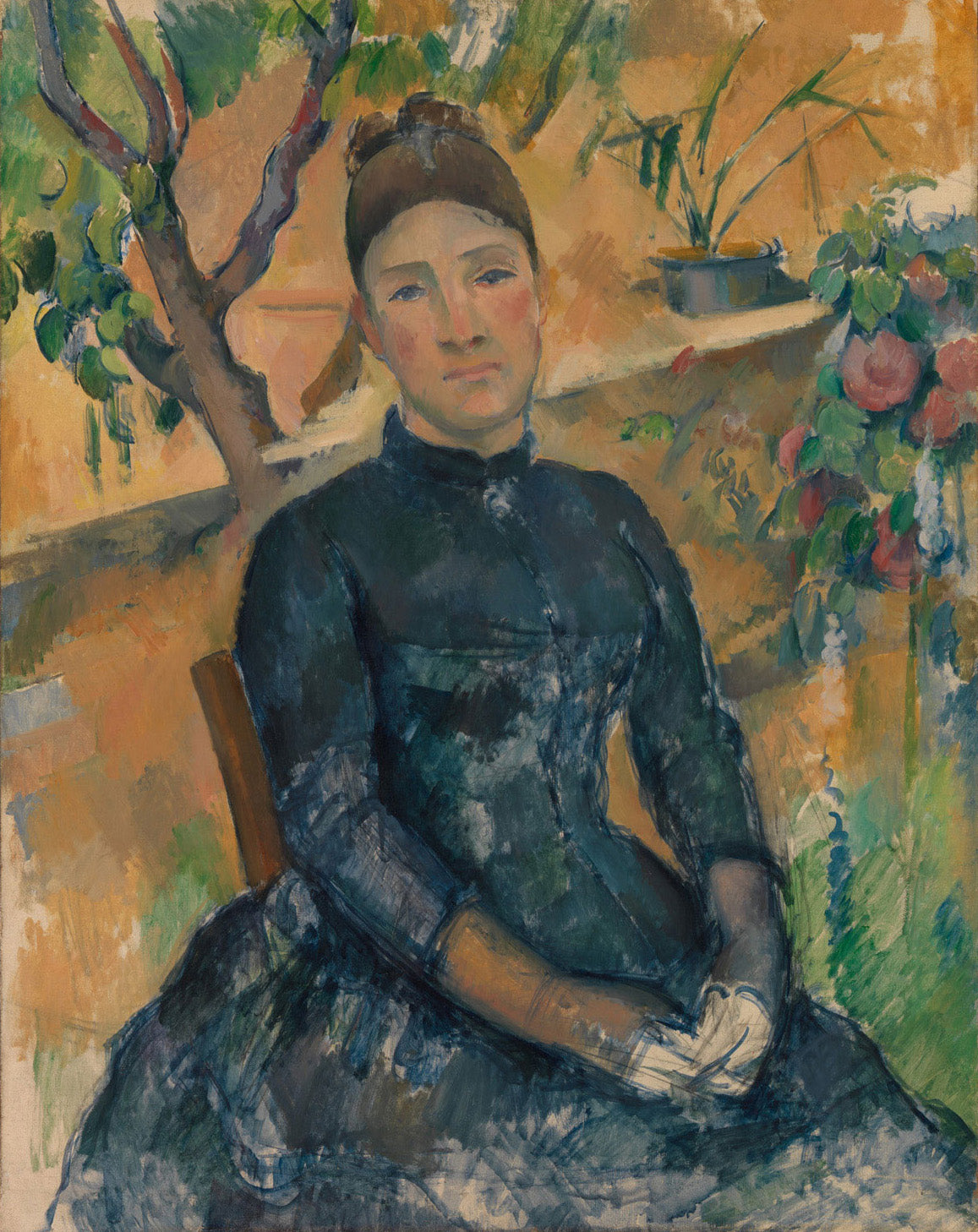 „Madame Cézanne, Hortense Fiquet 1850-1922, im Wintergarten“ zeigt Hortense Fiquet, die Ehefrau des Künstlers, in einem ruhigen Moment im Gewächshaus. Mit sanften Farben und detaillierter Darstellung fängt Cézanne ihre Eleganz und innere Ruhe ein, wobei das natürliche Licht und die Pflanzen im Hintergrund harmonisch mit der Figur verschmelzen.