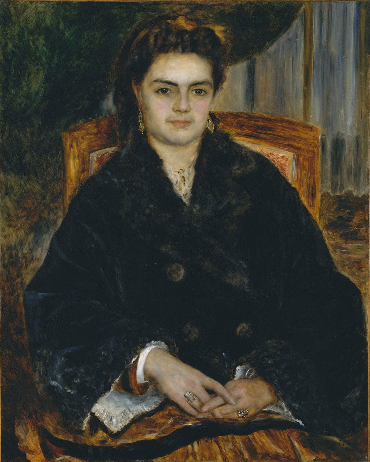 Das Gemälde „Madame Édouard Bernier (Marie-Octavie-Stéphanie Laurens, 1838–1920)“ von Auguste Renoir zeigt die elegante Porträtaufnahme einer Frau in sanften Farben. Die fein detaillierte Darstellung von Madame Bernier strahlt eine zeitlose Schönheit und Raffinesse aus, die Renoirs Meisterschaft im Umgang mit Licht und Farbe widerspiegelt.