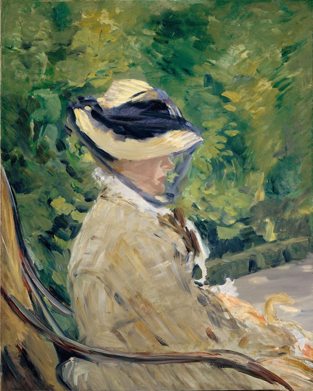 „Madame Manet Suzanne Leenhoff in Bellevue“ von Édouard Manet zeigt Suzanne Leenhoff in einer eleganten, ruhigen Pose. Die sanfte Farbgebung und die intime Komposition betonen ihre natürliche Schönheit und schaffen eine tiefe, fast private Atmosphäre, die die Verbindung zwischen Modell und Künstler widerspiegelt.