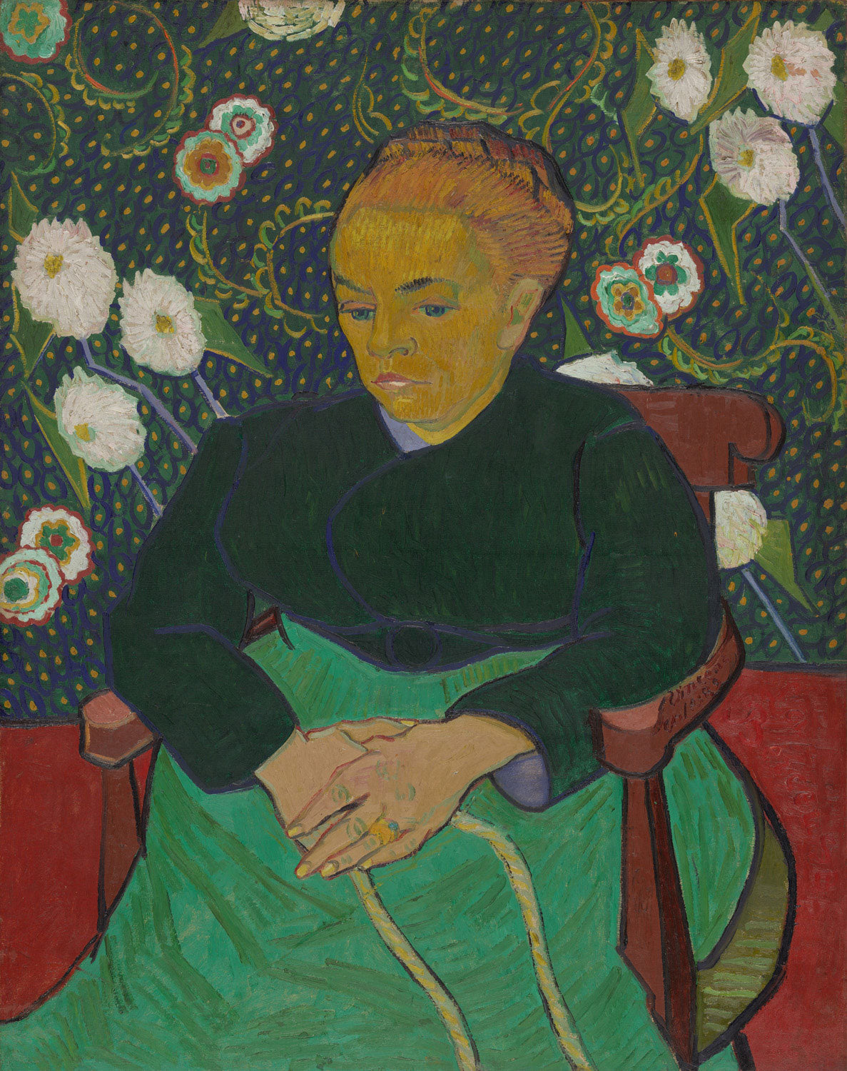 Kunstdruck von Vincent van Goghs "Madame Roulin Rocking the Cradle (La berceuse)", der eine Mutter zeigt, die ihr Kind sanft in einem Stuhl wiegt. Das Gemälde zeichnet sich durch lebendige Farben und eine beruhigende, emotionale Atmosphäre aus. Es spiegelt die Zärtlichkeit und Fürsorge der Mutter-Kind-Beziehung wider und wurde 1889 von van Gogh in seiner charakteristischen, ausdrucksstarken Maltechnik geschaffen.