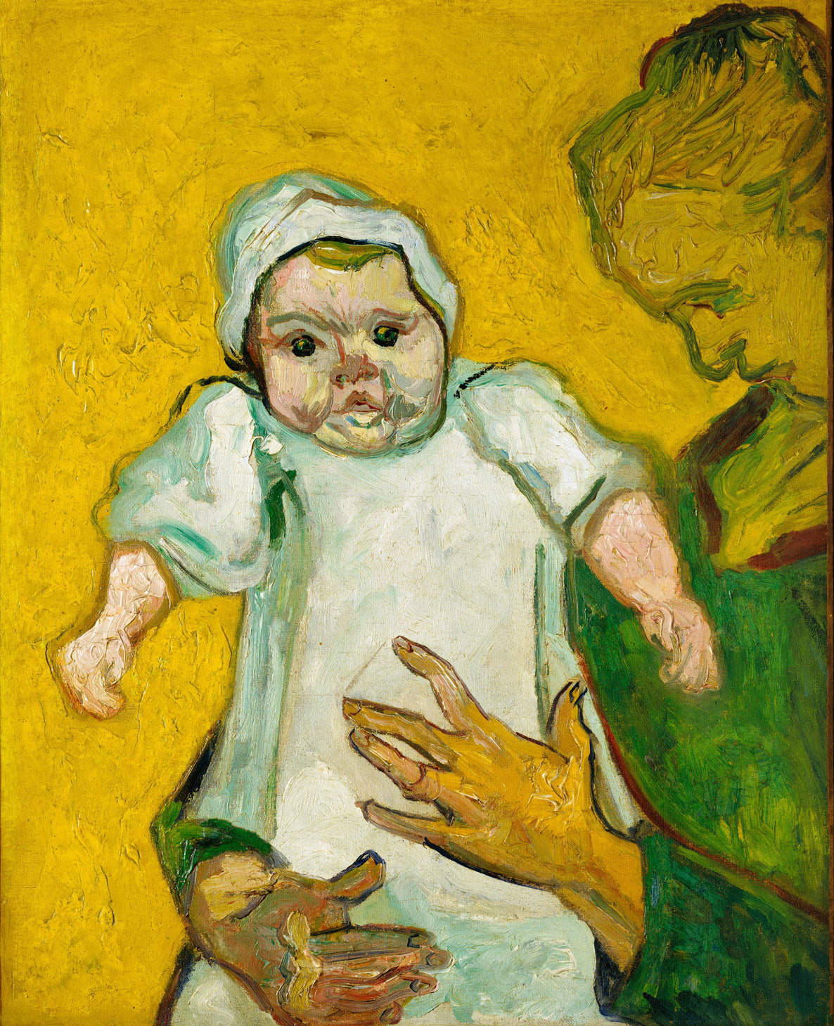„Porträt von Madame Roulin, einer Frau mit braunem Haar und einem sanften Gesichtsausdruck, die in einem Stuhl sitzt und ihr Baby auf dem Schoß hält. Das Baby, in einem weißen Kleid, schaut ruhig zur Seite. Die Farbpalette des Gemäldes besteht hauptsächlich aus warmen, erdigen Tönen, mit kräftigem Gelb, Orange und Blau im Hintergrund. Die Pinselstriche sind markant und expressiv, was dem Bild eine lebendige, emotionale Qualität verleiht.