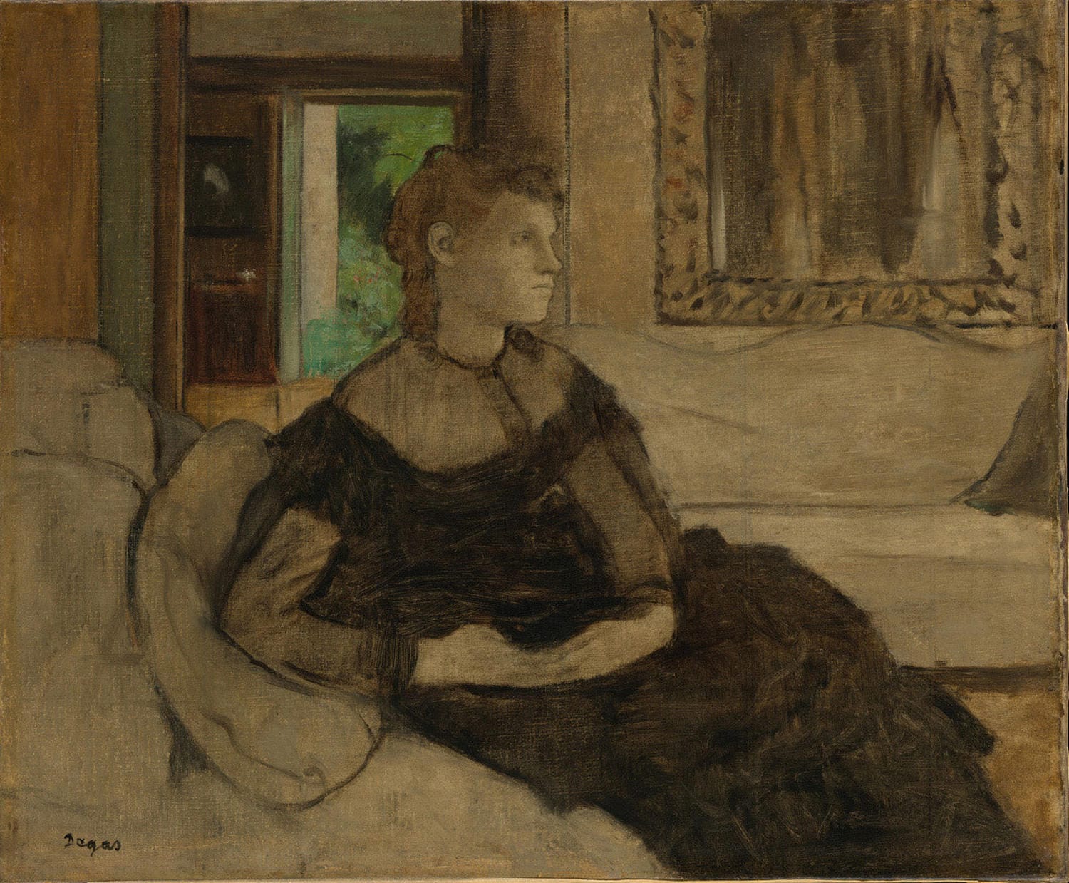 „Madame Théodore Gobillard (Yves Morisot, 1838–1893)“ von Edgar Degas zeigt die elegante Yves Morisot in einem subtilen und intimen Porträt. Degas fängt die Persönlichkeit und den Charme der Dargestellten durch sanfte Pinselstriche und ein meisterhaftes Spiel von Licht und Schatten ein.