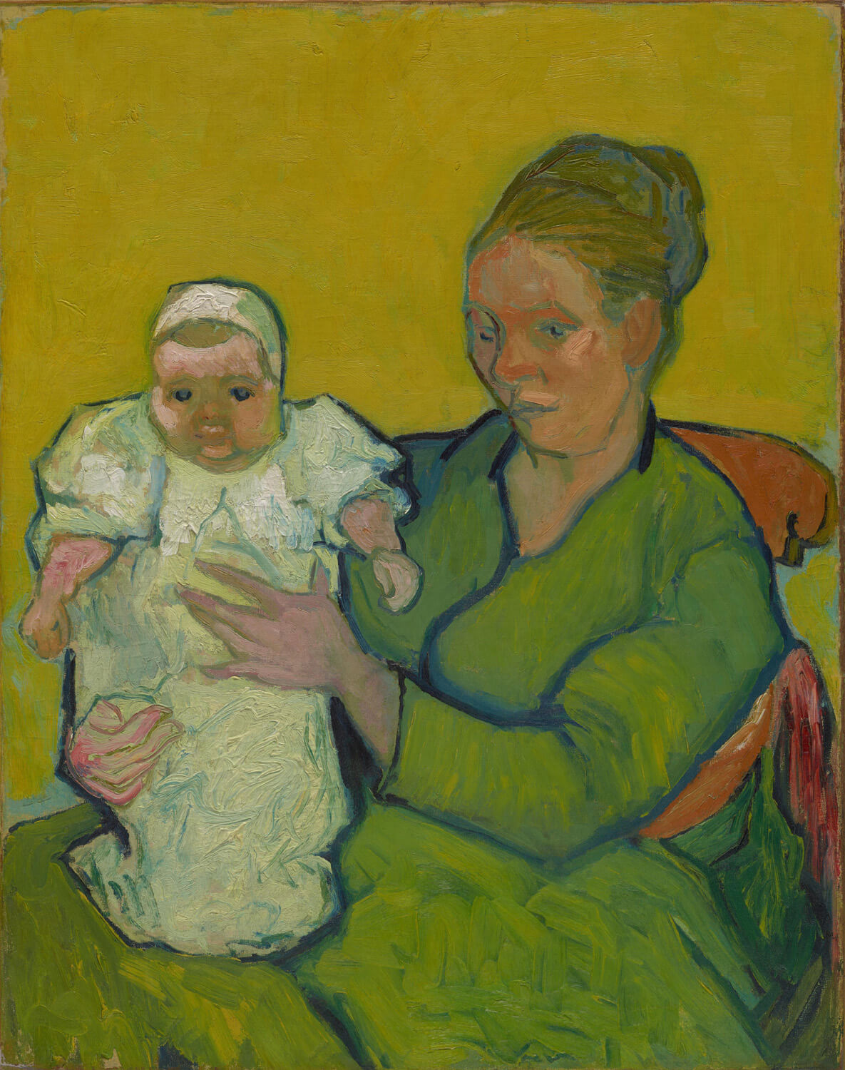 Das Gemälde „Madame Roulin mit ihrem Kind Marcelle“ von Vincent van Gogh zeigt die Mutter mit ihrer Tochter in einer warmen Umarmung. Van Goghs charakteristische Pinselstriche und lebendige Farben verleihen der Szene eine starke emotionale Wirkung und Intimität.