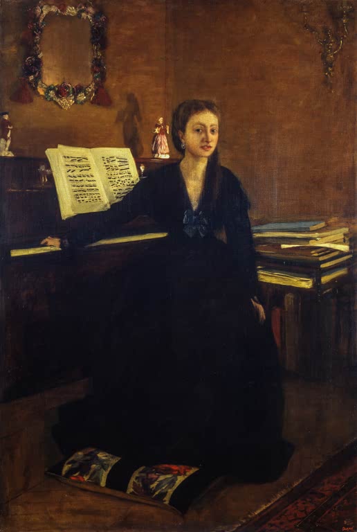 Kunstdruck des Gemäldes Madame Camus am Klavier von Edgar Degas mit Madame Camus beim Klavierspiel.