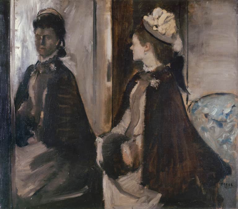 Kunstdruck des Gemäldes Madame Jeantaud am Spiegel von Edgar Degas mit der Darstellung von Madame Jeantaud vor einem Spiegel.