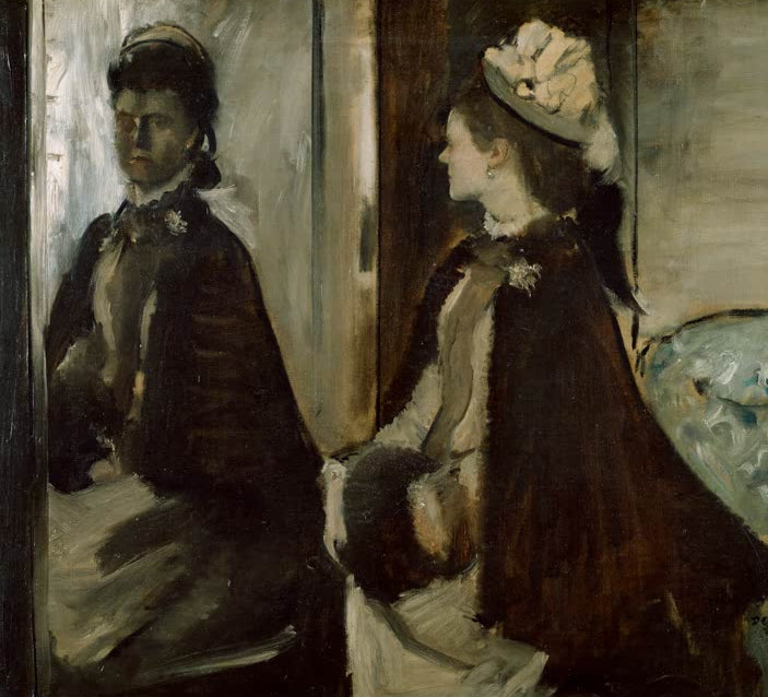 Kunstdruck des Gemäldes „Madame Jeantaud au miroir“ von Edgar Degas, detailgetreu reproduziert und in Deutschland von Hand gefertigt.