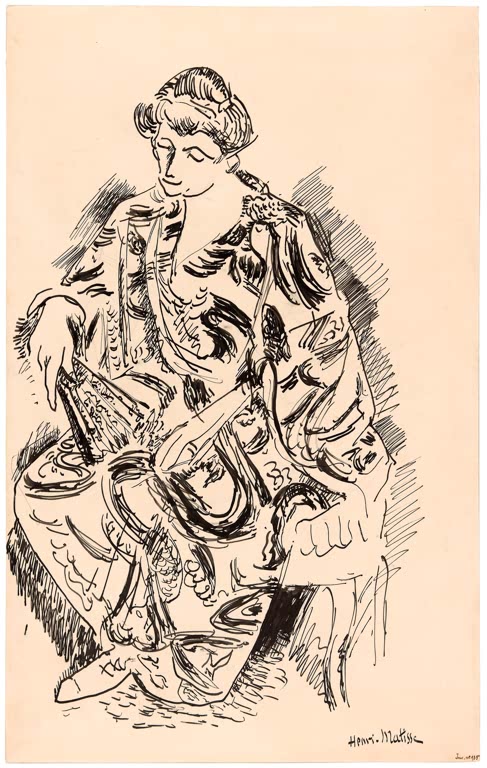 Kunstdruck „Madame Matisse mit ihrem Fächer“ von Henri Matisse mit einer stilvollen Porträtdarstellung einer Frau mit Fächer