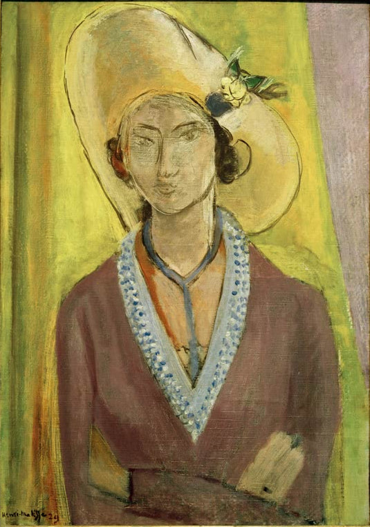 Kunstdruck des Gemäldes „Mademoiselle L. L. Der gelbe Hut“ von Henri Matisse, erhältlich als Leinwand oder Poster, optional gerahmt, in Deutschland von Hand gefertigt.