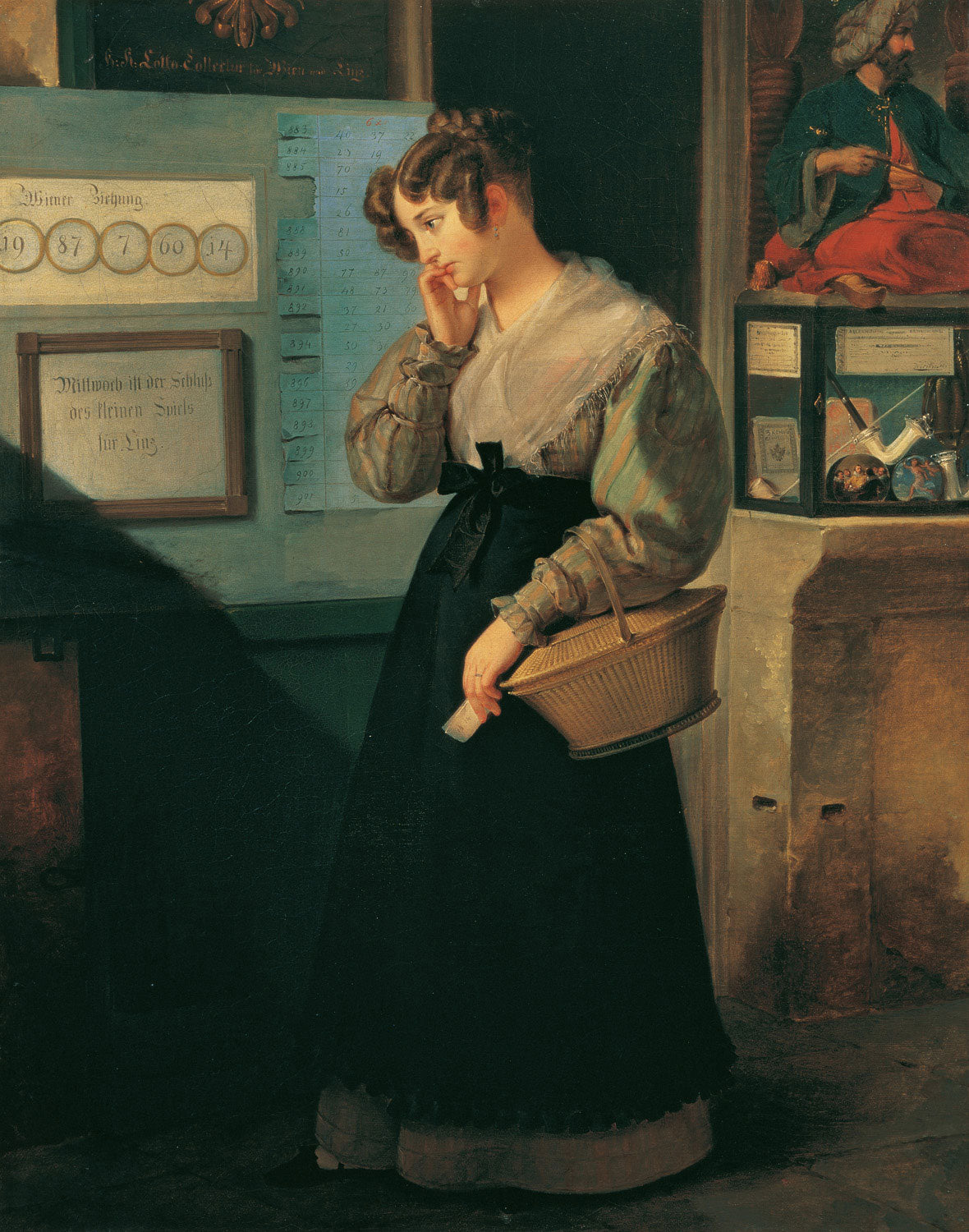 Mädchen vor dem Lotteriegewölbe von Peter Fendi: Ein junges Mädchen in traditioneller Kleidung steht vor einem prächtigen Lotteriegebäude, typisches Werk des Biedermeier.