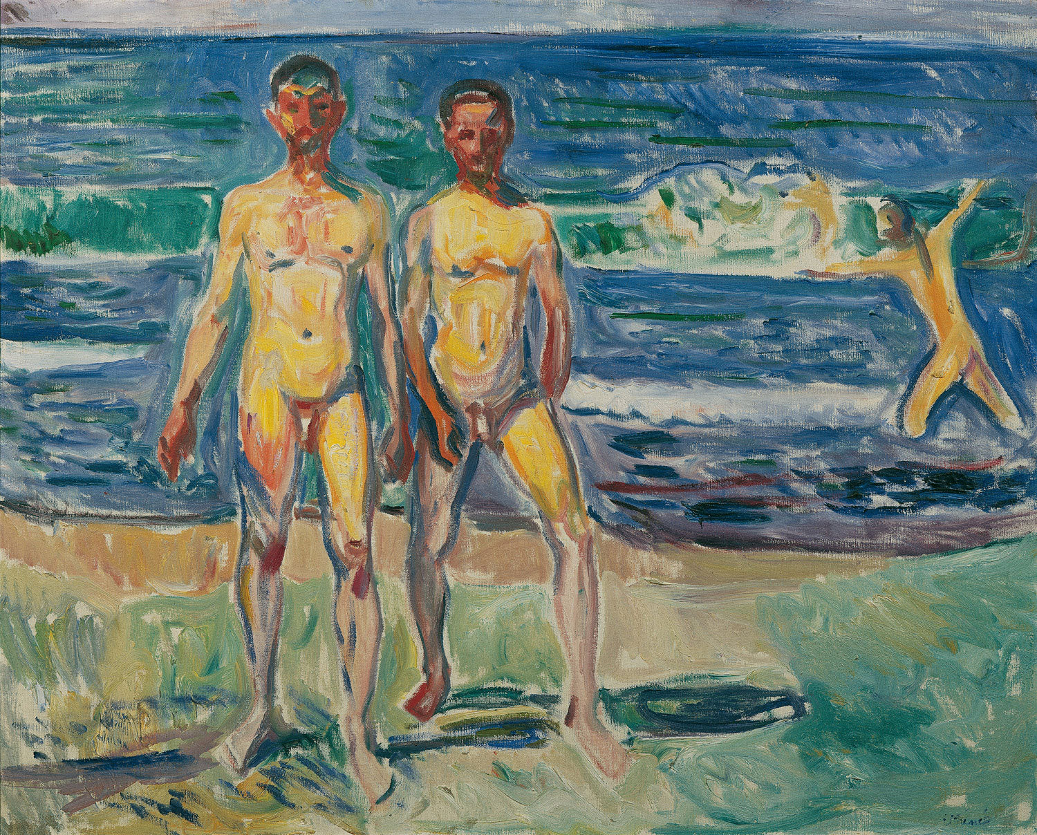 „Männer am Meer“ von Edvard Munch zeigt eine Gruppe von Männern, die in einem dramatischen Moment auf das weite Meer blicken. 