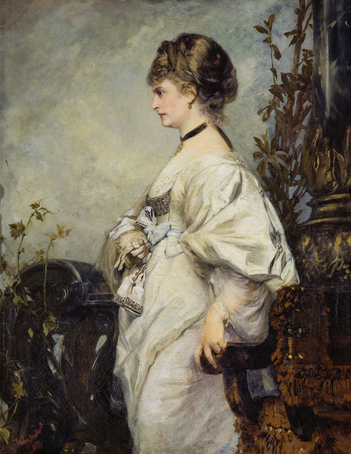 Magdalena Plach von Hans Makart: Porträt einer eleganten Frau in prächtigem, historistischem Stil, umgeben von luxuriösen Details und lebendigen Farben, die den Reichtum und die Ästhetik des 19. Jahrhunderts widerspiegeln.