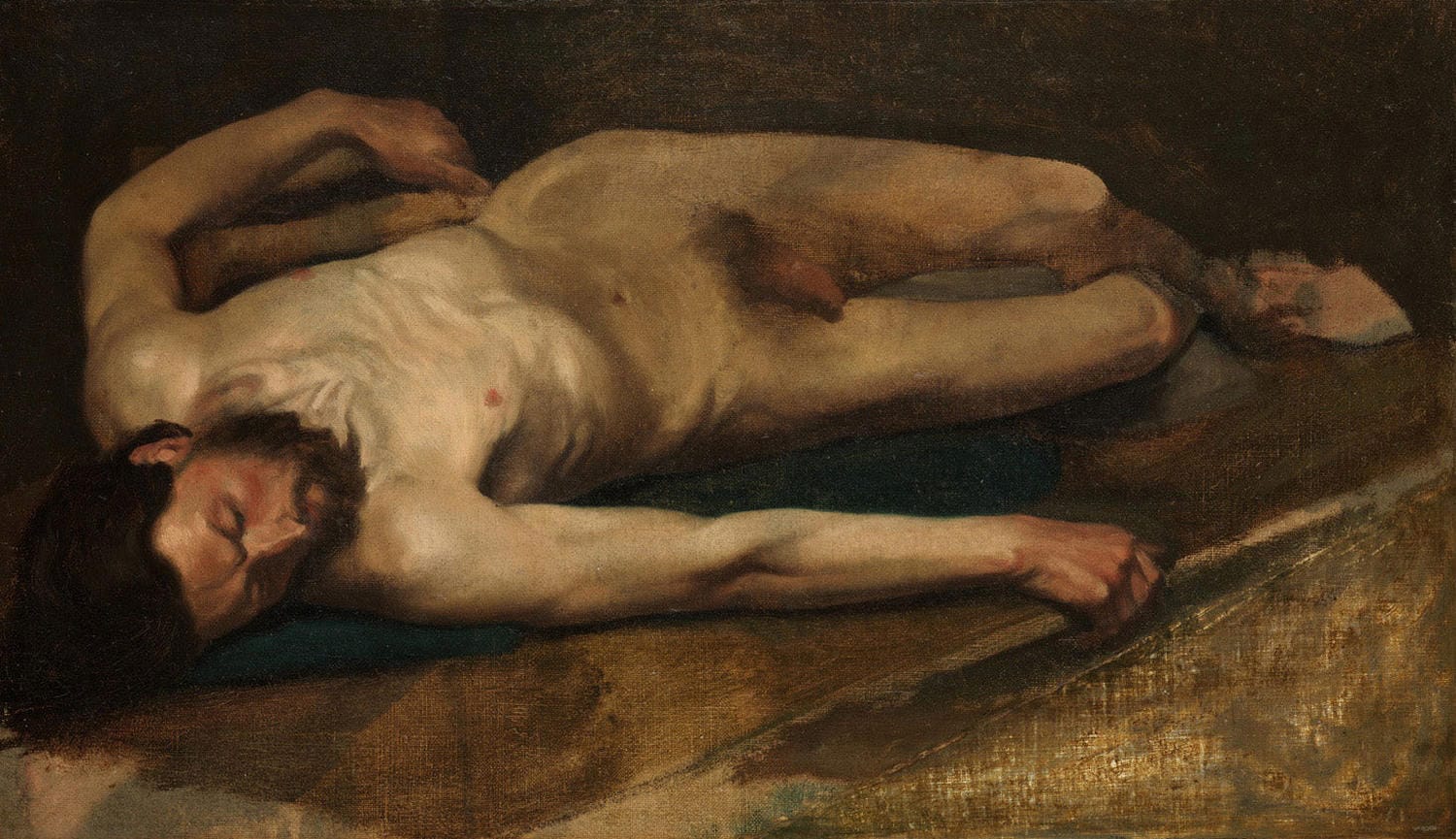 Ölgemälde von Edgar Degas aus dem Jahr 1856: Ein liegender männlicher Akt, der die anatomische Präzision und das frühe Können des Künstlers zeigt.