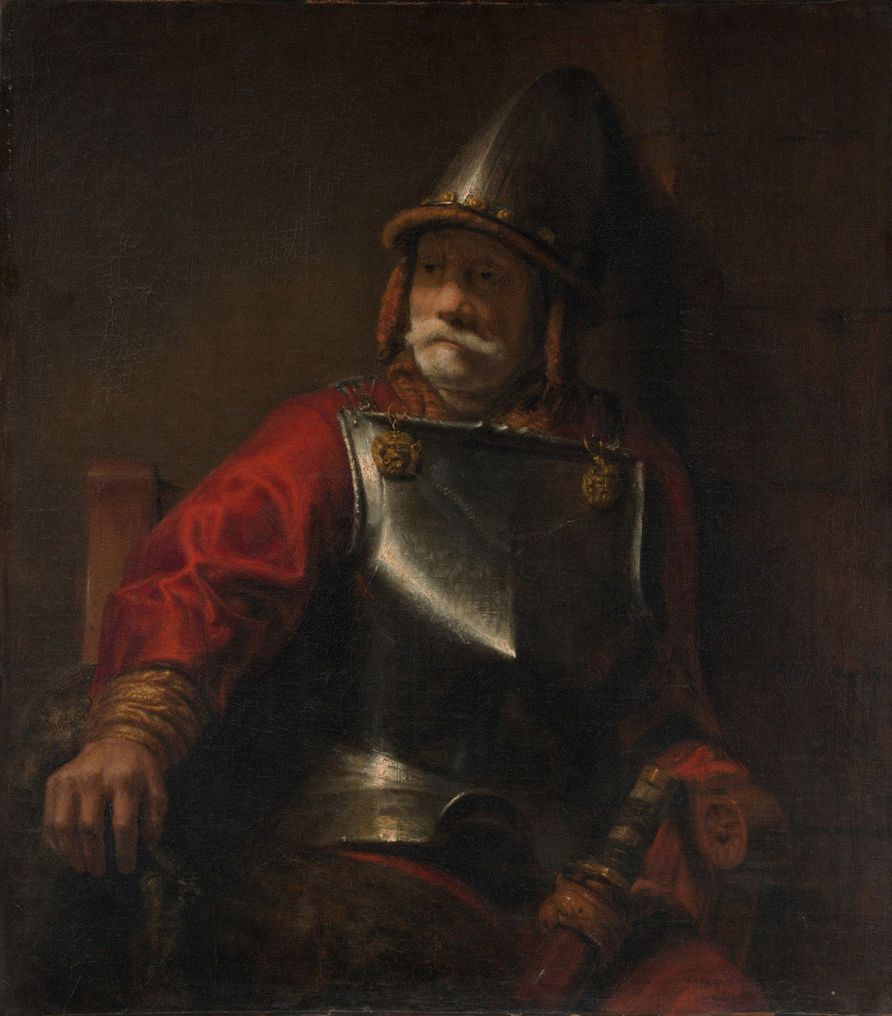 Mann in Rüstung (Mars?), gemalt von Rembrandt van Rijn, zeigt einen kriegerischen Mann in prächtiger Rüstung, umgeben von warmen Brauntönen, Rot und Gold, mit meisterhaftem Licht-Schatten-Spiel.