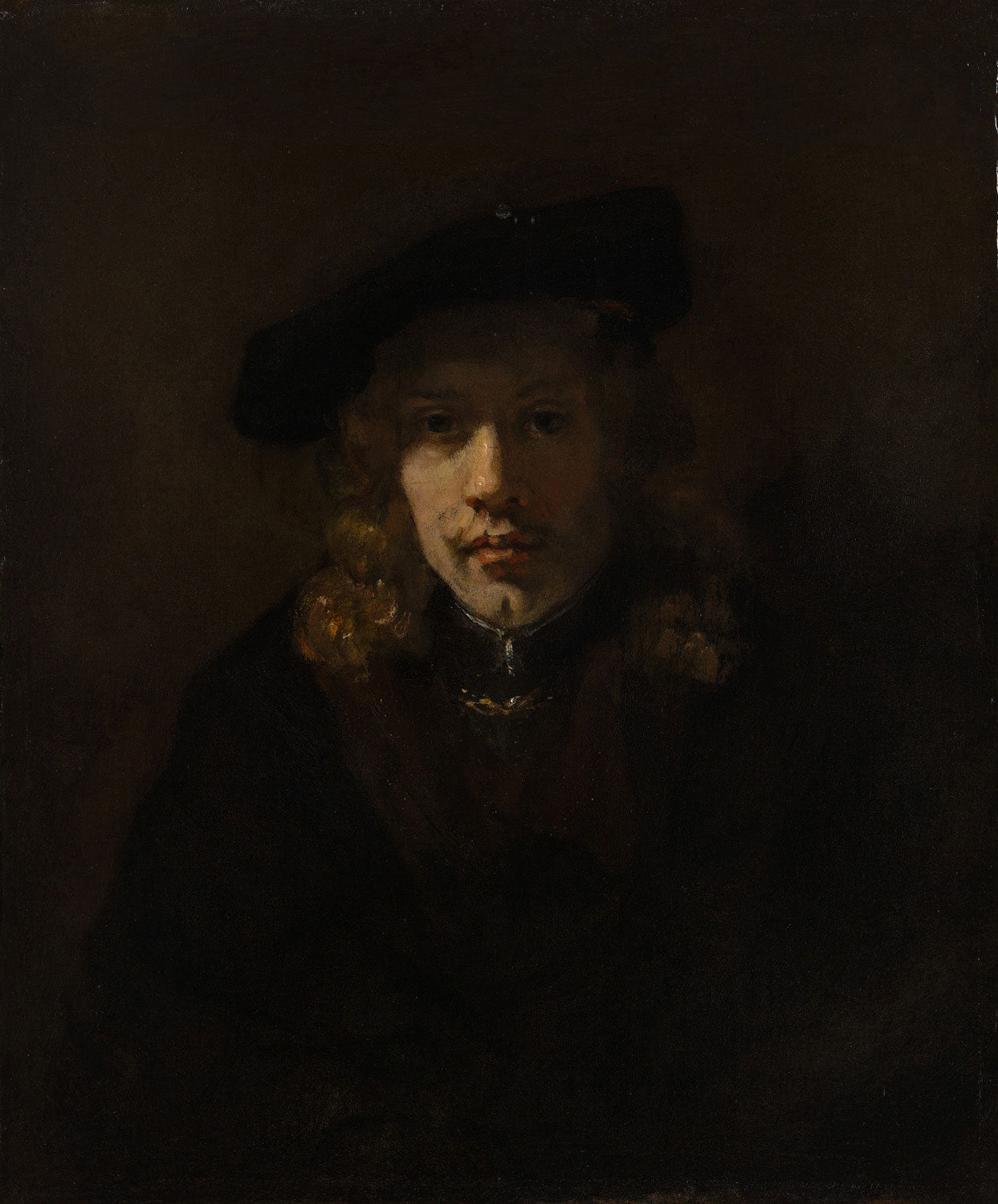 Mann im Barett, gemalt von Rembrandt van Rijn, zeigt einen Mann in einfachem Barett, umgeben von warmen Brauntönen und einem meisterhaften Spiel von Licht und Schatten.