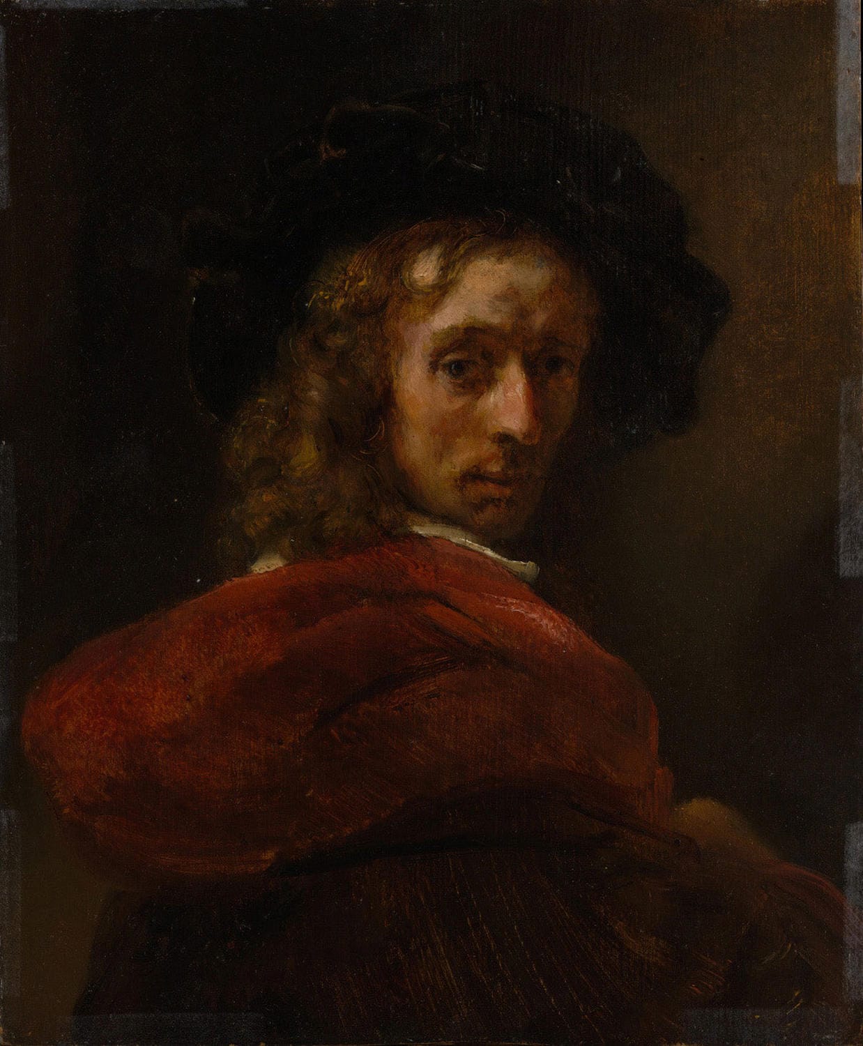Mann in rotem Umhang, gemalt von Rembrandt van Rijn, zeigt einen Mann in prächtigem roten Gewand, umgeben von warmen Brauntönen und starkem Licht-Schatten-Spiel, das die Details der Kleidung und die emotionale Tiefe betont.