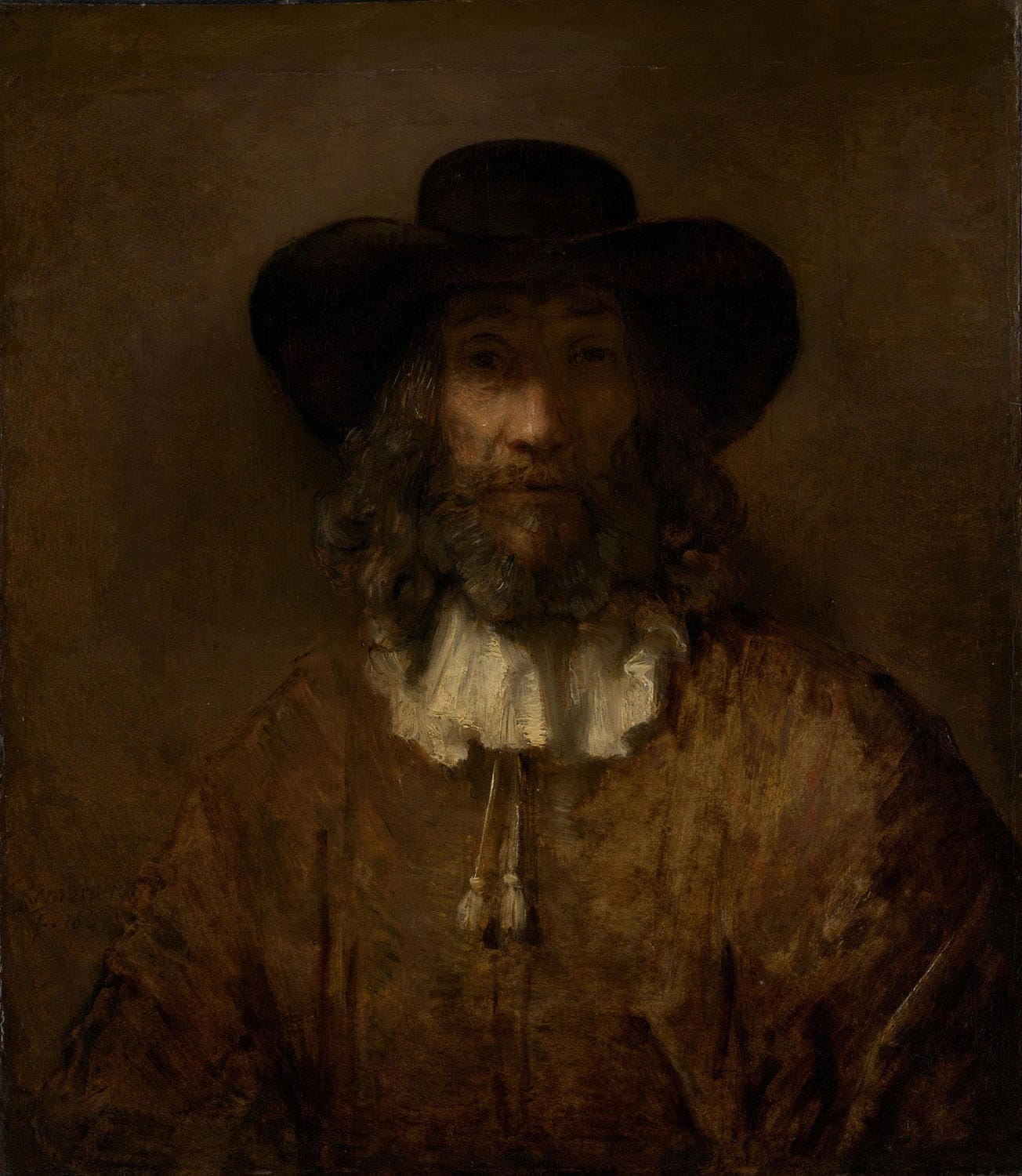 Mann mit Bart, gemalt von Rembrandt van Rijn, zeigt einen Mann mit markantem Bart und entschlossenem Blick, umgeben von warmen Brauntönen und meisterhaftem Licht-Schatten-Spiel.