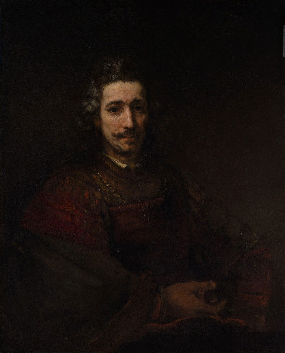Mann mit Lupe, gemalt von Rembrandt van Rijn, zeigt einen Mann, der konzentriert eine Lupe hält, umgeben von warmen Brauntönen und meisterhaftem Licht-Schatten-Spiel.