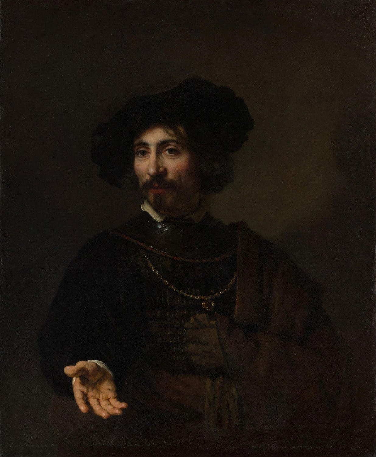 Mann mit Stahlhalsberge, gemalt von Rembrandt van Rijn, zeigt einen Mann in Rüstung mit glänzender Stahlhalsberge, umgeben von warmen Brauntönen und meisterhaftem Licht-Schatten-Spiel.