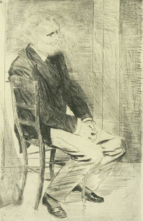 Kunstdruck der Zeichnung Manet, sitzend, nach rechts gewandt von Edgar Degas mit dem Porträt des Malers Édouard Manet in sitzender Haltung.