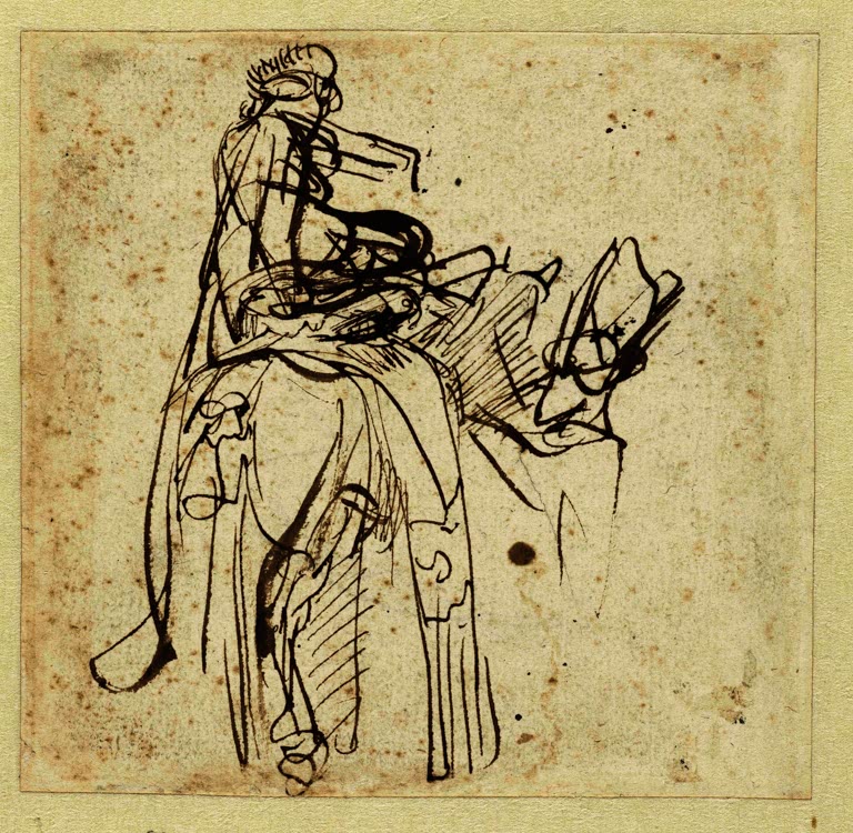 Kunstdruck „Mann, der einem Reiter beim Aufsteigen auf ein Pferd hilft“ von Rembrandt van Rijn