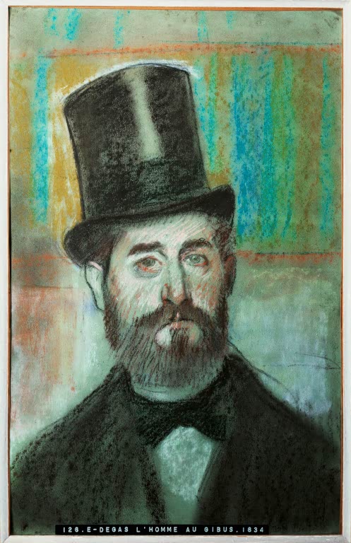 Kunstdruck des Gemäldes Mann mit Zylinder von Edgar Degas mit der Darstellung eines elegant gekleideten Mannes mit Zylinderhut.