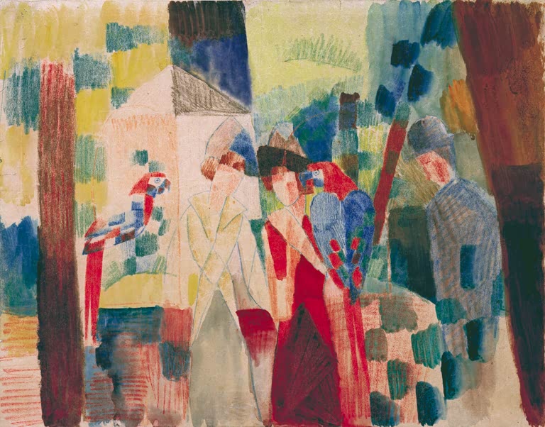 Kunstdruck des Gemäldes „Mann und Frau bei den Papageien“ von August Macke. Hochwertig in Deutschland von Hand gefertigt, erhältlich als Poster oder Leinwand und optional gerahmt.