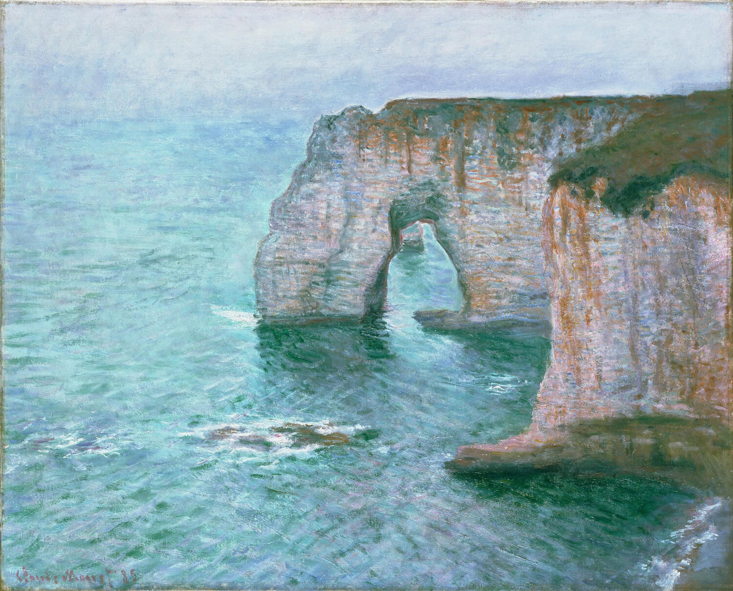 Impressionistische Darstellung der Felsformation Manne-Porte in Étretat, mit leuchtenden Farben, bewegtem Meer und dynamischem Lichtspiel, gemalt von Claude Monet.