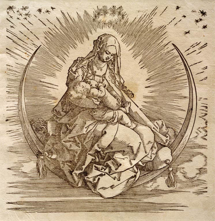 Kunstdruck von „Maria auf der Mondsichel“ von Albrecht Dürer. Detailreiche Renaissance-Darstellung der Madonna auf der Mondsichel, in Deutschland handgefertigt.