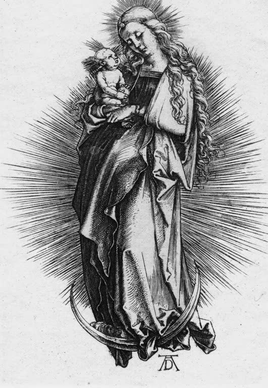 Kunstdruck „Maria auf der Mondsichel“ von Albrecht Dürer mit Madonna und Christuskind in sakraler Darstellung