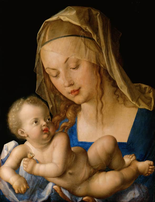 Kunstdruck „Maria mit Kind (Birne)“ von Albrecht Dürer mit Madonna, Christuskind und symbolischer Frucht