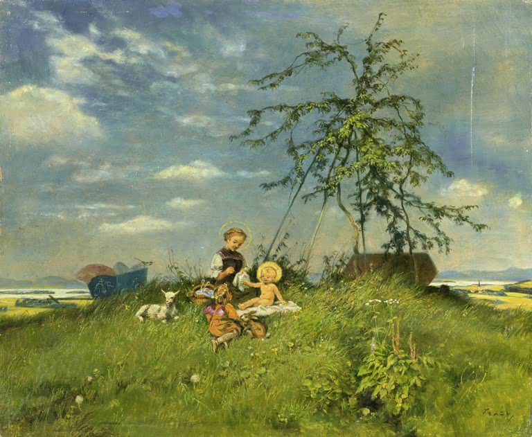 Kunstdruck „Maria mit dem heiligen Kind auf der Sommerwiese“ von Gustav Traub mit religiöser Szene in sommerlicher Landschaft