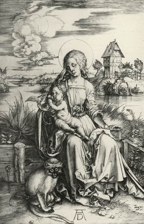 Kunstdruck von „Maria mit der Meerkatze“ von Albrecht Dürer. Detailreiche Renaissance-Darstellung der Madonna mit Kind und einer Meerkatze, in Deutschland handgefertigt.