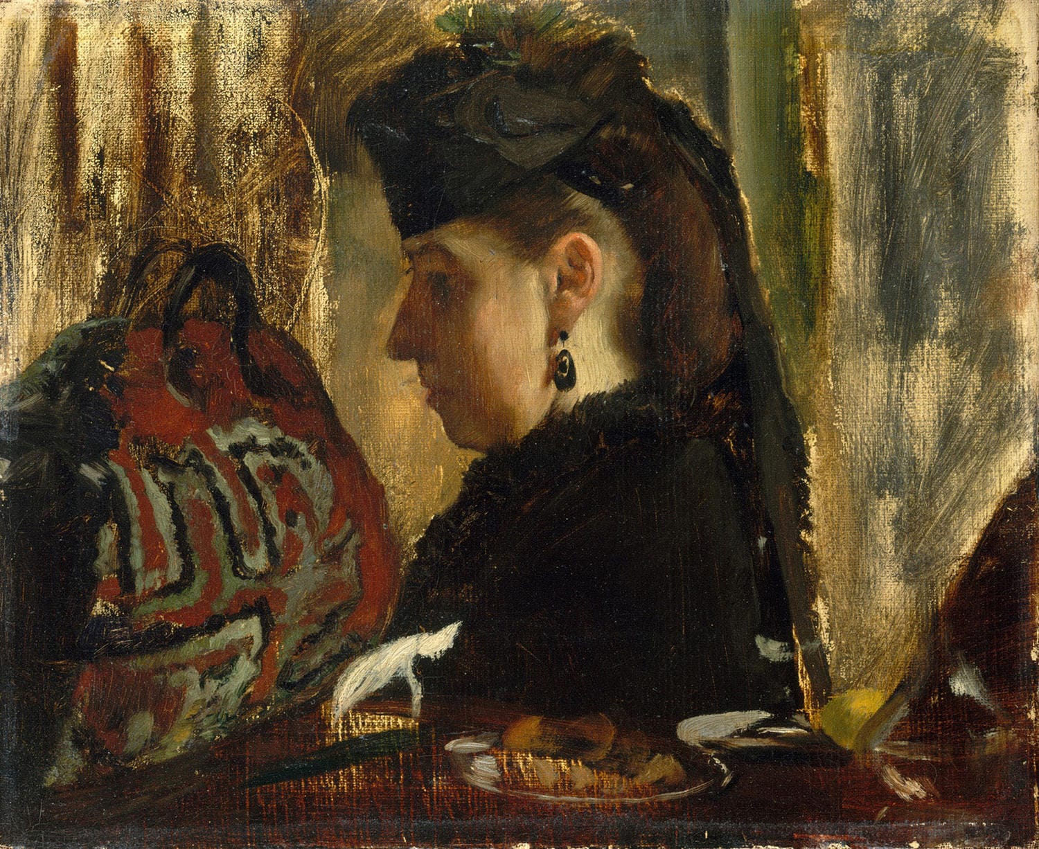 Porträt von Marie Dihau (1843–1935) von Edgar Degas. Eine Frau mit dunklem Haar sitzt nachdenklich in einem schlichten Kleid, ihr Blick ruhig und konzentriert. Der impressionistische Stil betont sanfte Lichtverläufe und warme Erdtöne.