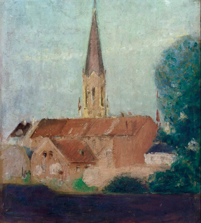 Kunstdruck des Gemäldes „Marienkirche“ von August Macke. Hochwertig in Deutschland von Hand gefertigt, erhältlich als Poster oder Leinwand und optional gerahmt.