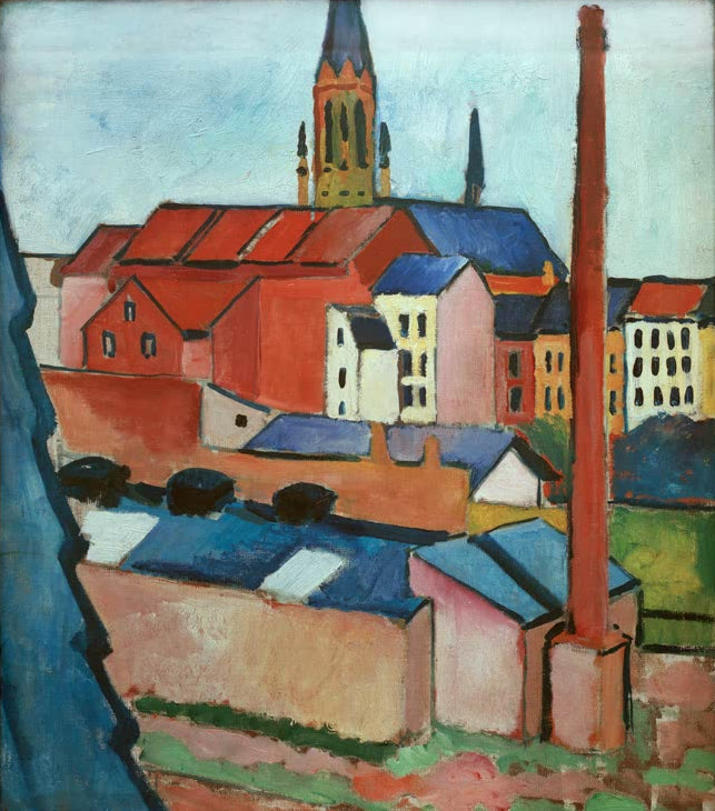 Kunstdruck des Gemäldes „Marienkirche mit Häusern und Schornstein“ von August Macke. Hochwertig in Deutschland von Hand gefertigt, erhältlich als Poster oder Leinwand und optional gerahmt.