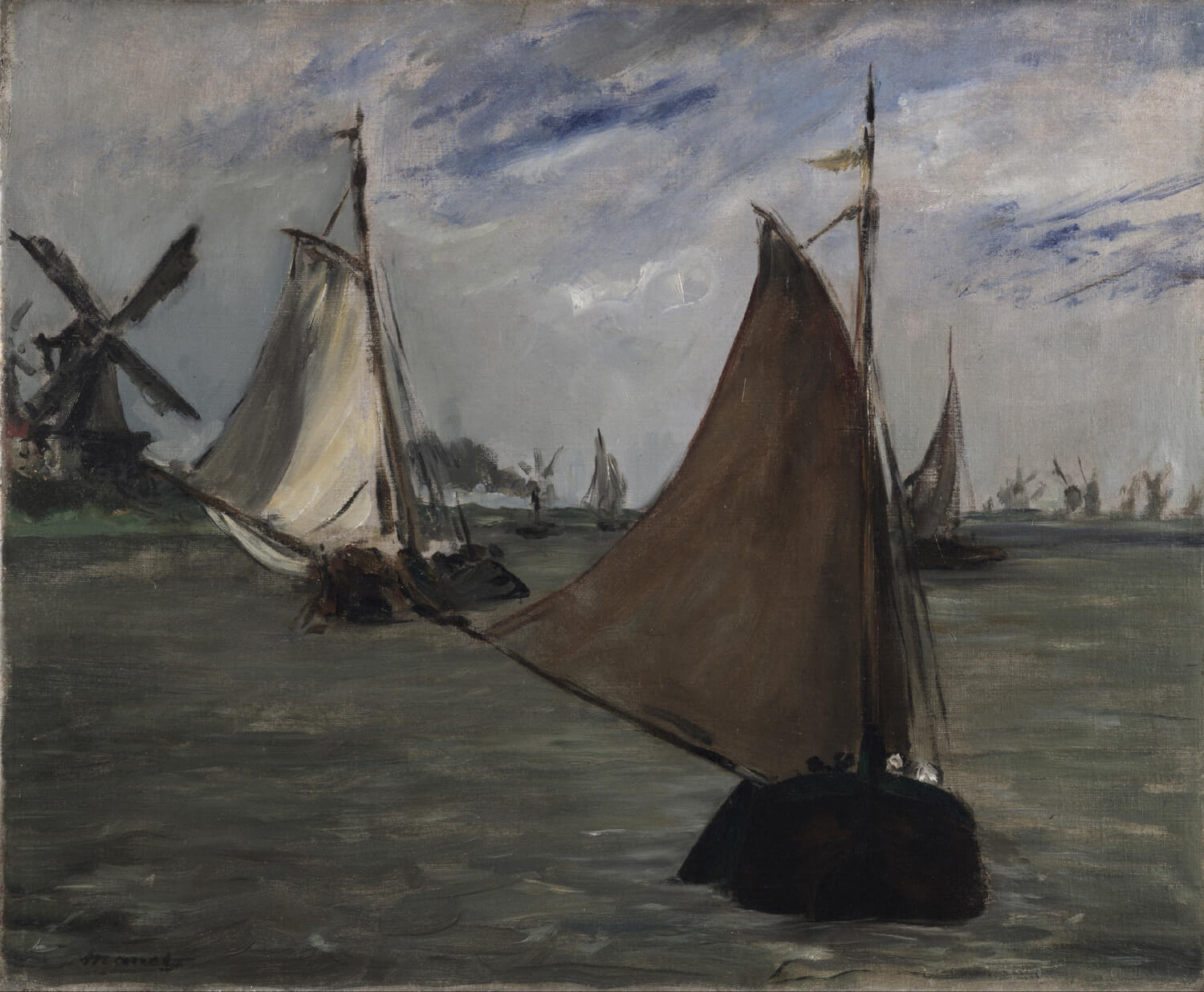 Ein impressionistisches Gemälde von Édouard Manet zeigt eine maritime Szene an der niederländischen Küste. Sanfte Wellen, ruhige Wasserflächen und mehrere Segelschiffe im Hintergrund erzeugen eine friedliche Atmosphäre. Der Himmel spiegelt sich im Wasser und vermittelt eine stimmungsvolle Weite.