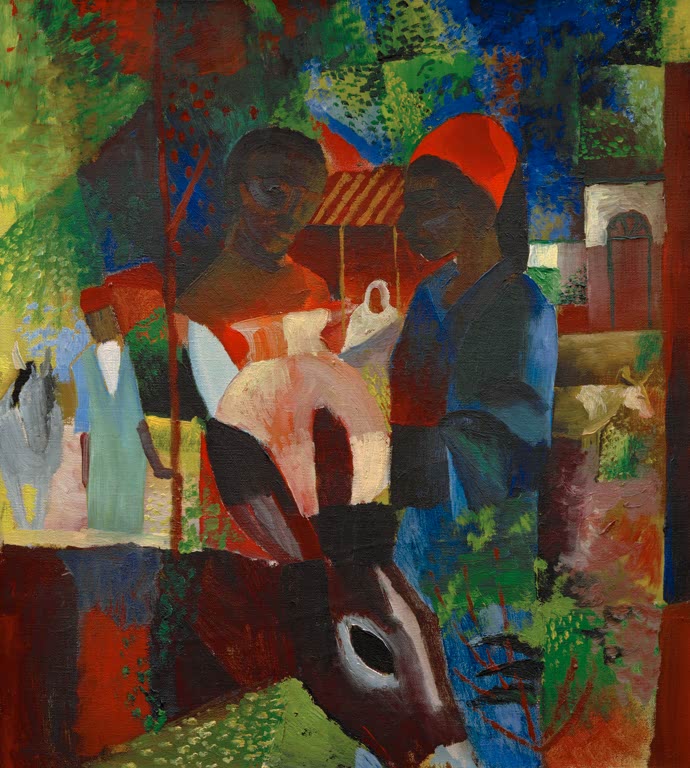 Kunstdruck des Gemäldes „Markt in Tunis“ von August Macke. Hochwertig in Deutschland von Hand gefertigt, erhältlich als Poster oder Leinwand und optional gerahmt.