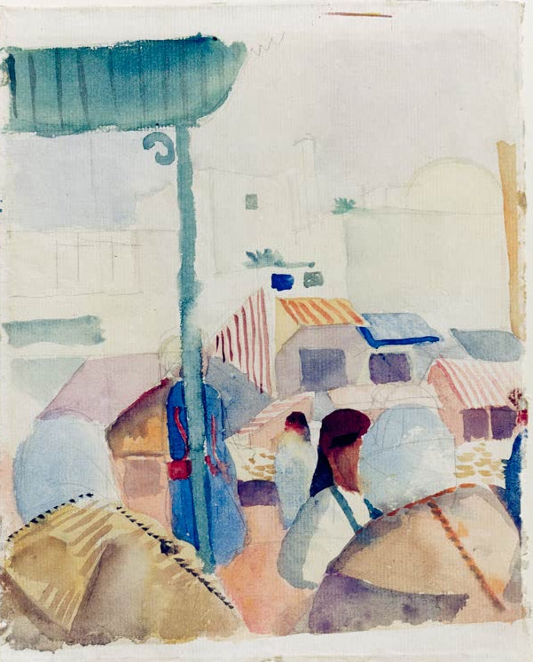 Kunstdruck des Gemäldes „Markt in Tunis II“ von August Macke. Hochwertig in Deutschland von Hand gefertigt, erhältlich als Leinwand oder Poster und optional gerahmt.