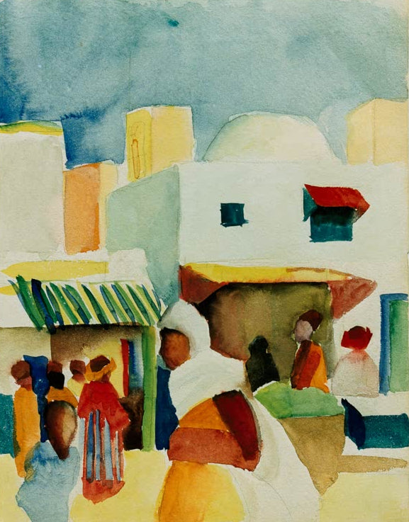 Kunstdruck des Gemäldes „Markt in Tunis I“ von August Macke. Hochwertig in Deutschland von Hand gefertigt, erhältlich als Poster oder Leinwand und optional gerahmt.