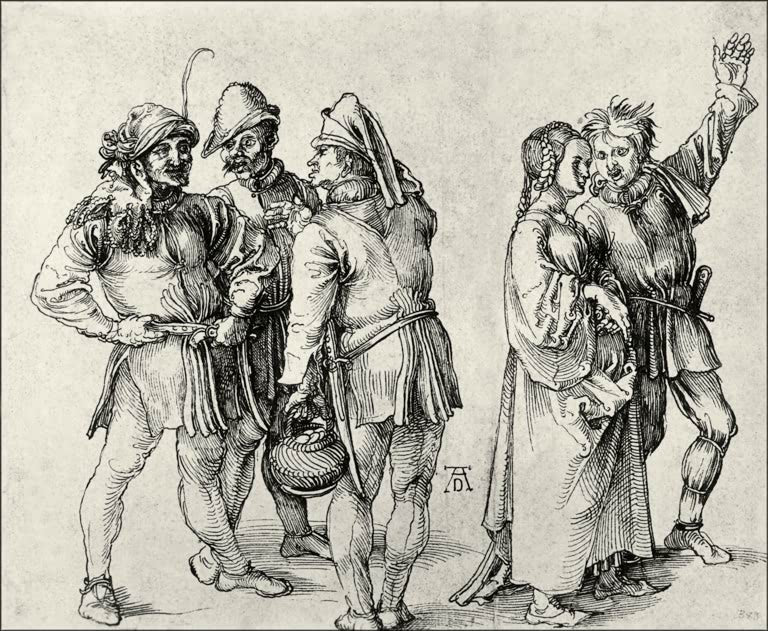 Kunstdruck von „Marktbauern im Gespräch und junges Paar“ von Albrecht Dürer. Detailreiche Genreszene aus der Renaissance mit Alltagsszenen, in Deutschland handgefertigt.