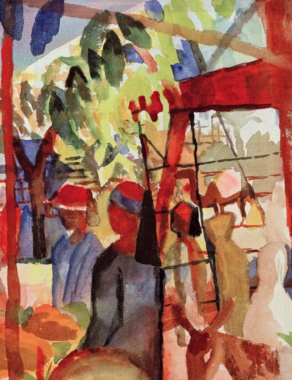 Kunstdruck des Gemäldes „Marktleben“ von August Macke. Hochwertig in Deutschland von Hand gefertigt, erhältlich als Poster oder Leinwand und optional gerahmt.