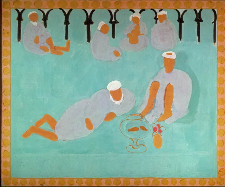 Kunstdruck des Gemäldes „Marokanisches Kaffeehaus“ von Henri Matisse, erhältlich als Poster oder Leinwand, auf Wunsch gerahmt, in Deutschland von Hand gefertigt.