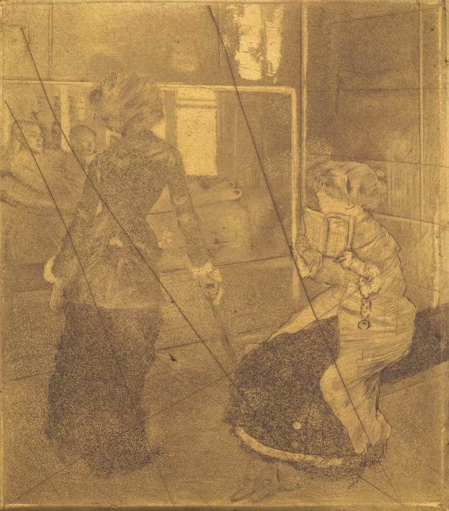 Kunstdruck des Gemäldes „Mary Cassatt im Louvre: Die etruskische Galerie“ von Edgar Degas, detailgetreu als Kunstdruck umgesetzt und in Deutschland von Hand gefertigt.